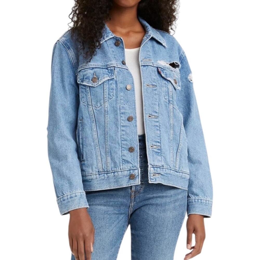 Levi's Womens Ripped Destructed Ex-Boyfriend Trucker Denim Jacket Size Large